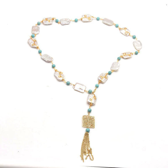 Wholesale Natural Baroque Pearl Long Sweater Chain With Geometric Pattern For Women Retro Beaded Clavicle Chain Jewelry