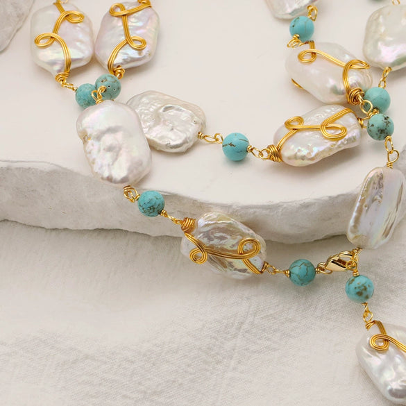 Wholesale Natural Baroque Pearl Long Sweater Chain With Geometric Pattern For Women Retro Beaded Clavicle Chain Jewelry