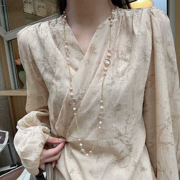 Wholesale Natural Baroque Pearl Long Sweater Chain With Geometric Pattern For Women Retro Beaded Clavicle Chain Jewelry