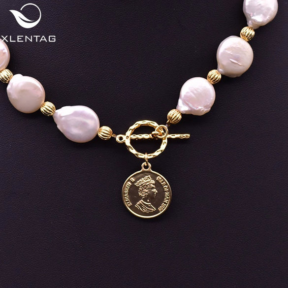 Wholesale Natural Baroque Pearl Necklace With Portrait Coin Pendant Electroplated Handmade Beaded Chain Retro Geometric Style