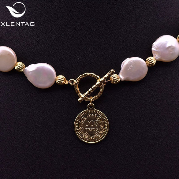 Wholesale Natural Baroque Pearl Necklace With Portrait Coin Pendant Electroplated Handmade Beaded Chain Retro Geometric Style