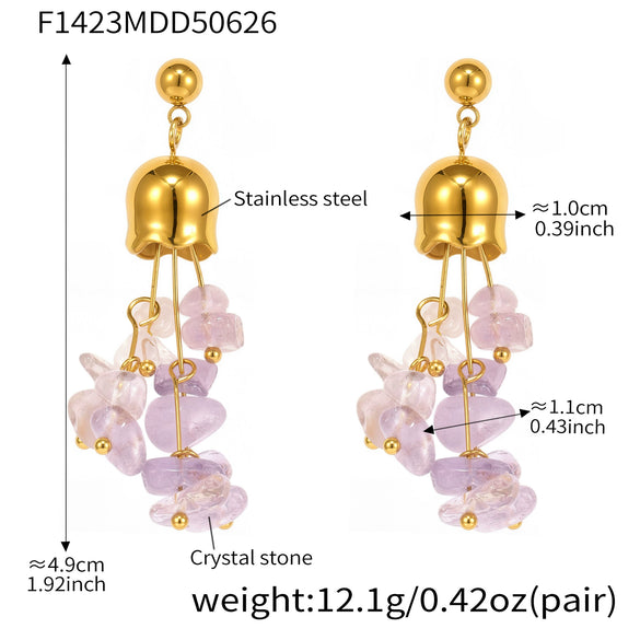 Wholesale Natural Crystal Stone Lily Of The Valley Tassel Long Earrings With Geometric Shape For Women Stainless Steel Electroplating Design