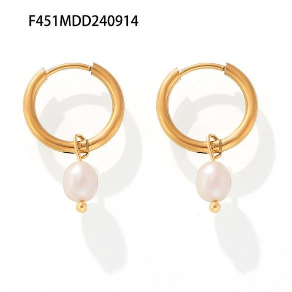 Wholesale Natural Freshwater Pearl Earrings For Women Geometric Style Titanium Steel 18K Gold Plated