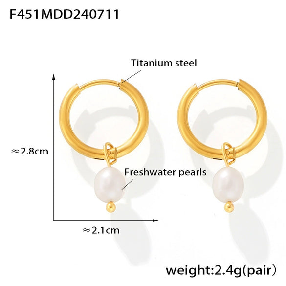 Wholesale Natural Freshwater Pearl Earrings For Women Geometric Style Titanium Steel 18K Gold Plated