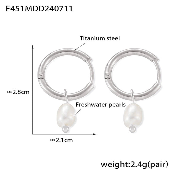 Wholesale Natural Freshwater Pearl Earrings For Women Geometric Style Titanium Steel 18K Gold Plated