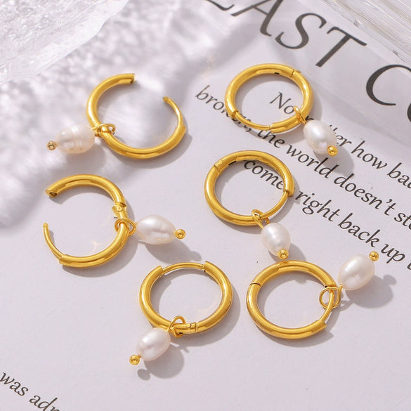 Wholesale Natural Freshwater Pearl Earrings For Women Geometric Style Titanium Steel 18K Gold Plated