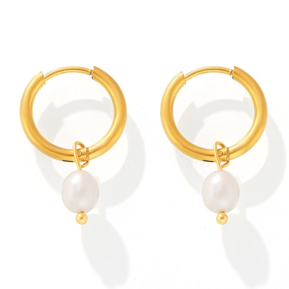 Wholesale Natural Freshwater Pearl Earrings For Women Geometric Style Titanium Steel 18K Gold Plated