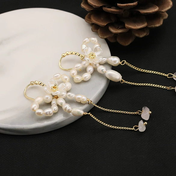 Wholesale Natural Freshwater Pearl Earrings With Long Tassel Butterfly Design Geometric Style S925 Silver Needle Ear Hook Jewelry For Women
