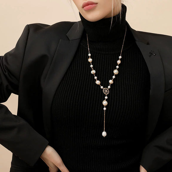 Wholesale Natural Freshwater Pearl Long Sweater Chain Necklace With Electroplating And Geometric Design For Women