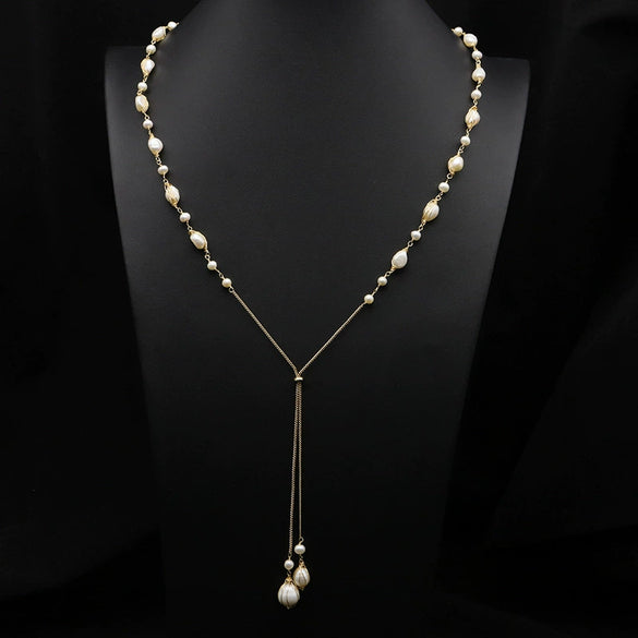 Wholesale Natural Freshwater Pearl Long Sweater Chain Necklace With Electroplating And Geometric Design For Women