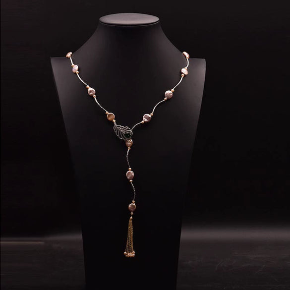 Wholesale Natural Freshwater Pearl Long Sweater Chain Necklace With Electroplating And Geometric Design For Women