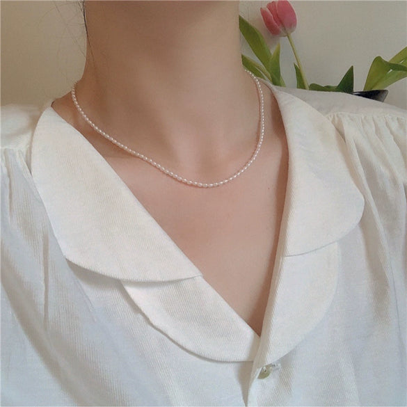 Wholesale Natural Freshwater Pearl Necklace Copper 14K Pack Gold Small Grain Rice Bead Clavicle Chain Retro Minimalist