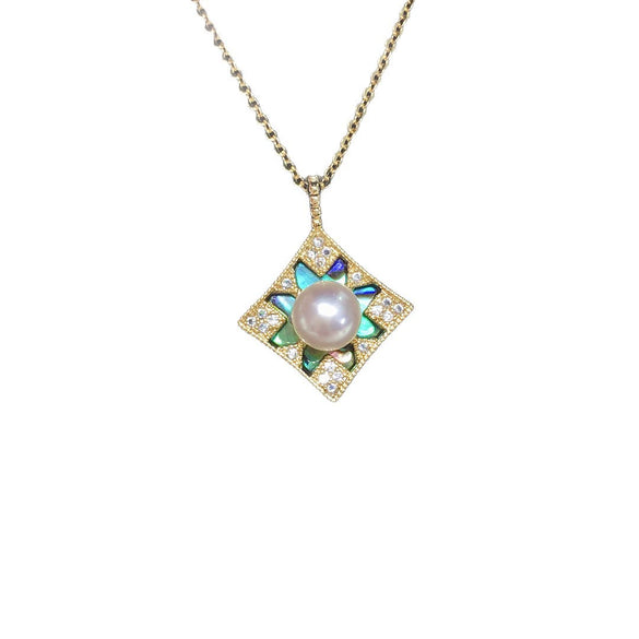 Wholesale Natural Freshwater Pearl Necklace With Copper Abalone Shell Geometric Rhombus Pendant In Fashion Minimalist Style