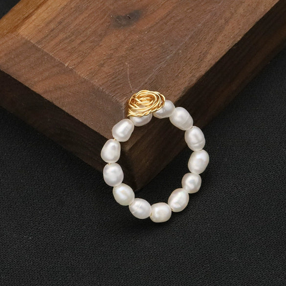 Wholesale Natural Freshwater Pearl Ring Retro Geometric Style Electroplated