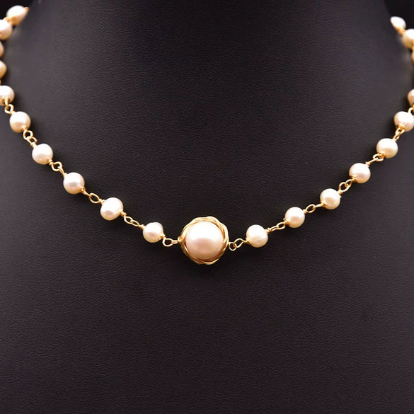Wholesale Natural Freshwater Pearl Wirewound Retro Ethnic Style Handmade Clavicle Chain Jewelry For Women With Geometric Design And Electroplating