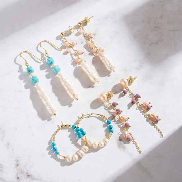 Wholesale Natural Gem Series Turquoise Freshwater Pearl S925 Sterling Silver Electroplated Minimalist Women's Earrings