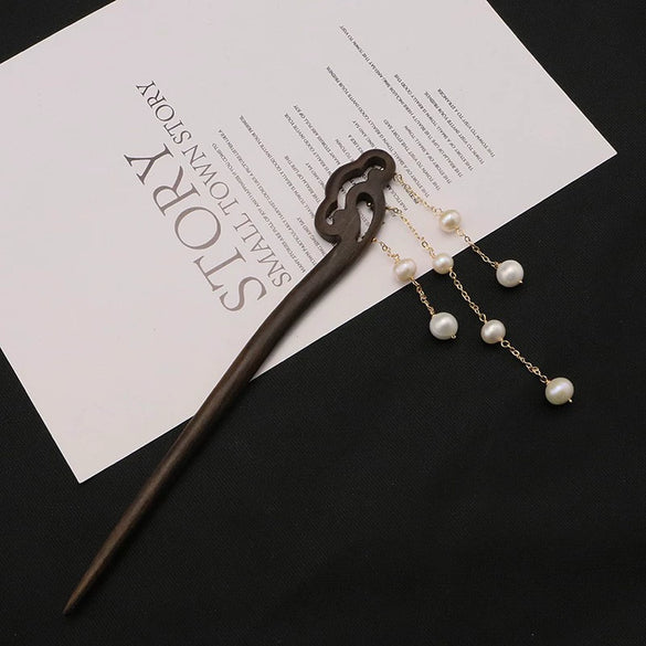 Wholesale Natural Pearl And Ebony Solid Wood Hairpin With Flower Pattern In Antique Style