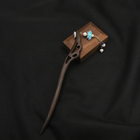 Wholesale Natural Pearl And Ebony Solid Wood Hairpin With Flower Pattern In Antique Style