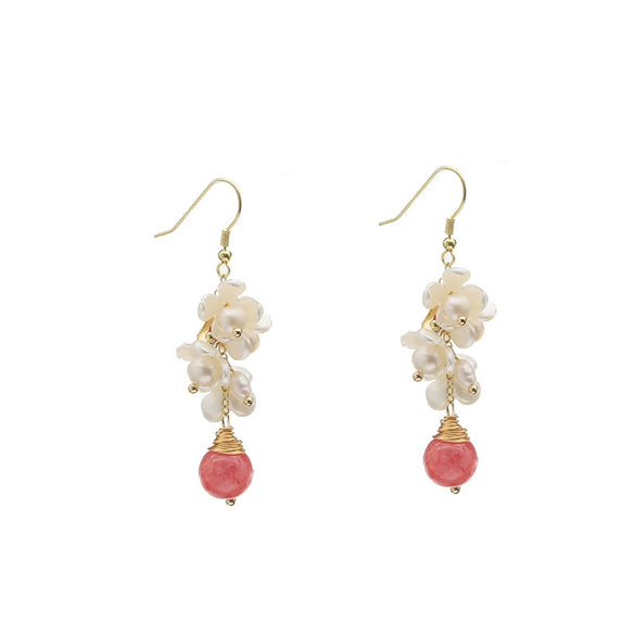 Wholesale Natural Pearl Earrings Baroque Flower Geometric Style With Watermelon Red Crystal Single Bead Electroplated For Women