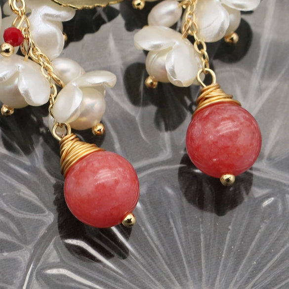 Wholesale Natural Pearl Earrings Baroque Flower Geometric Style With Watermelon Red Crystal Single Bead Electroplated For Women
