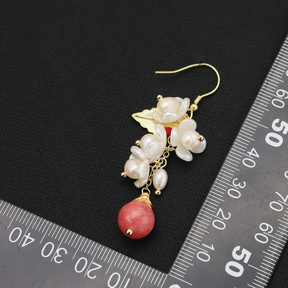 Wholesale Natural Pearl Earrings Baroque Flower Geometric Style With Watermelon Red Crystal Single Bead Electroplated For Women