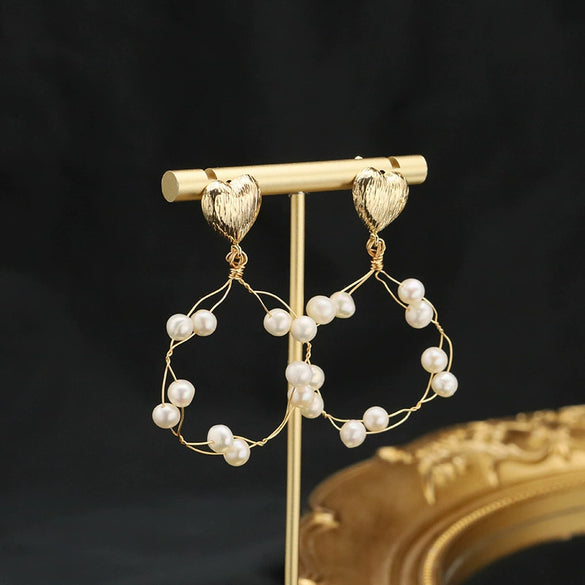 Wholesale Natural Pearl Earrings Handmade Real Gold Electroplated Geometric Style