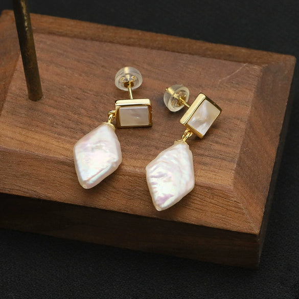 Wholesale Natural Pearl Earrings Sterling Silver Rhombus Baroque Retro Exaggerated Geometric Electroplated Highquality Jewelry For Women