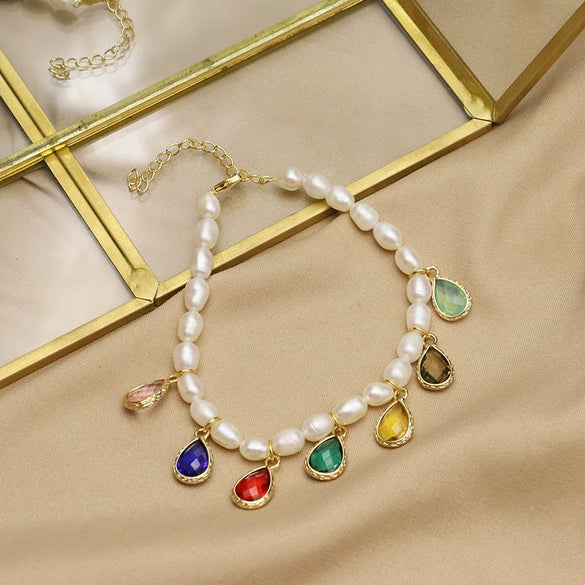 Wholesale Natural Pearl Geometric Retro Electroplating Water Drop Pendant Bracelet