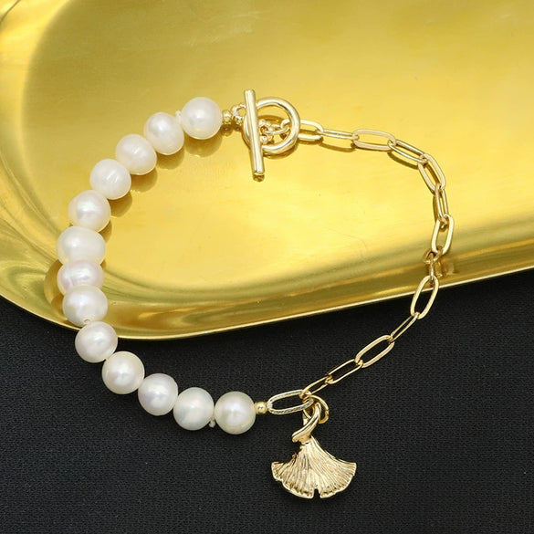 Wholesale Natural Pearl Ginkgo Leaf Asymmetric Retro Geometric Design Sense Nonfading Bracelet With Electroplating