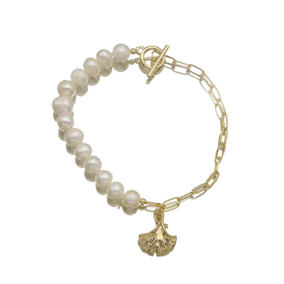 Wholesale Natural Pearl Ginkgo Leaf Asymmetric Retro Geometric Design Sense Nonfading Bracelet With Electroplating