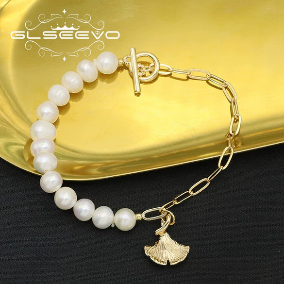 Wholesale Natural Pearl Ginkgo Leaf Asymmetric Retro Geometric Design Sense Nonfading Bracelet With Electroplating
