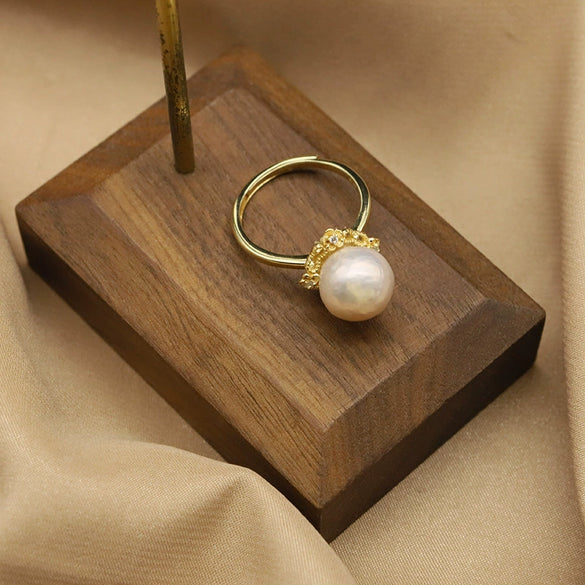 Wholesale Natural Pearl Sterling Silver Ring With Retro Style And Geometric Pattern Electroplated