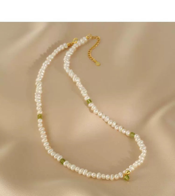 Wholesale Natural Peridot Freshwater Pearl Necklace Handmade Geometric Double Layer Clavicle Chain For Women