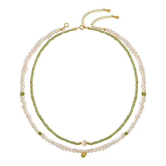 Wholesale Natural Peridot Freshwater Pearl Necklace Handmade Geometric Double Layer Clavicle Chain For Women