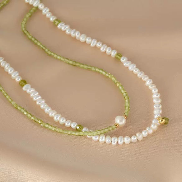Wholesale Natural Peridot Freshwater Pearl Necklace Handmade Geometric Double Layer Clavicle Chain For Women