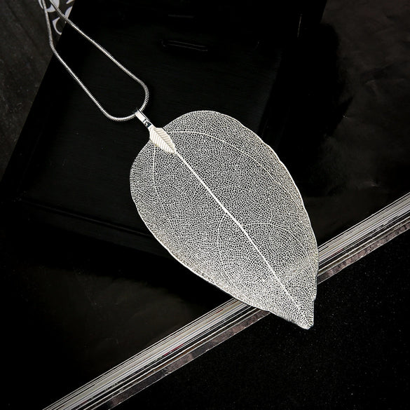 Wholesale Natural Real Leaf Specimens Alloy Goldplated Long Necklace With Original Snake Chain