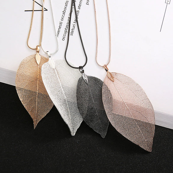 Wholesale Natural Real Leaf Specimens Alloy Goldplated Long Necklace With Original Snake Chain