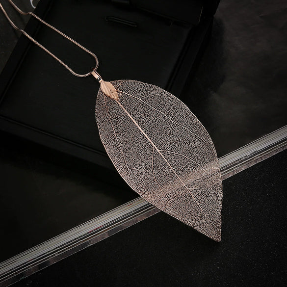 Wholesale Natural Real Leaf Specimens Alloy Goldplated Long Necklace With Original Snake Chain