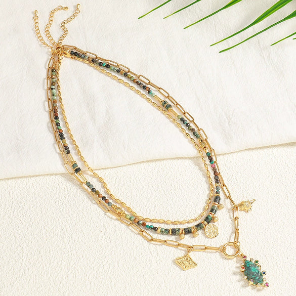 Wholesale Natural Stone And Copper Beaded Necklace Light Luxury Geometric Handmade Ochain Clavicle Chain