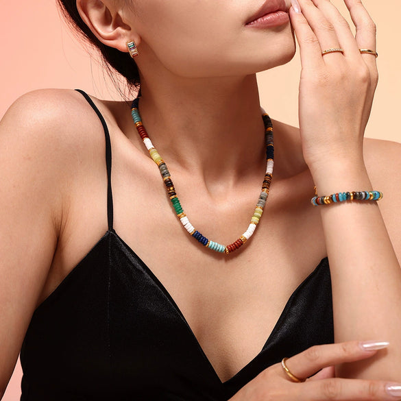Wholesale Natural Stone And 316L Stainless Steel Abacus Bead Necklace And Bracelet Retro Handmade Electroplated For Women