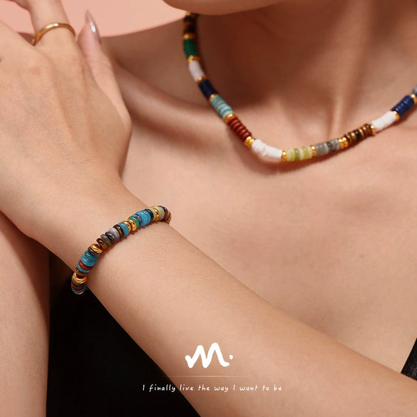 Wholesale Natural Stone And 316L Stainless Steel Abacus Bead Necklace And Bracelet Retro Handmade Electroplated For Women