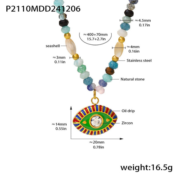 Wholesale Natural Stone And 316L Stainless Steel Beaded Necklace With Devil's Eye Enamel Glaze Zircon Pendant Geometric Pattern Electroplated