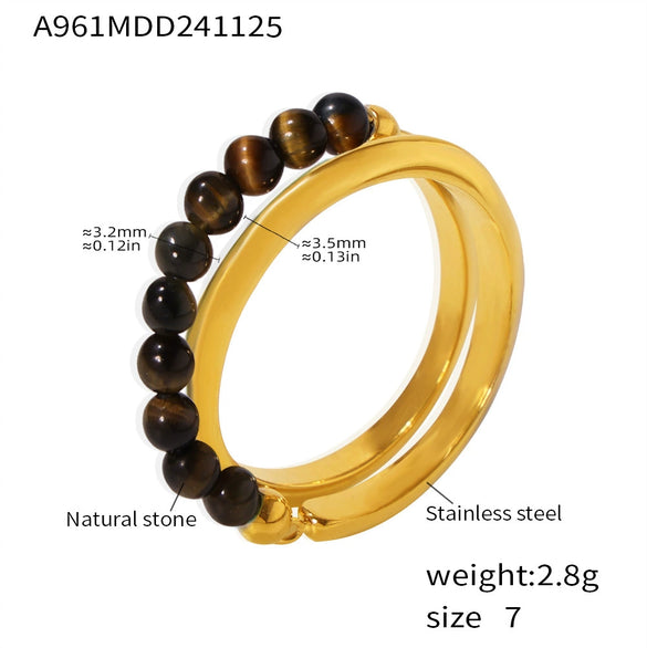 Wholesale Natural Stone Beaded Double Layer Ring Stainless Steel With 18K True Gold Plated Geometric Style Electroplated