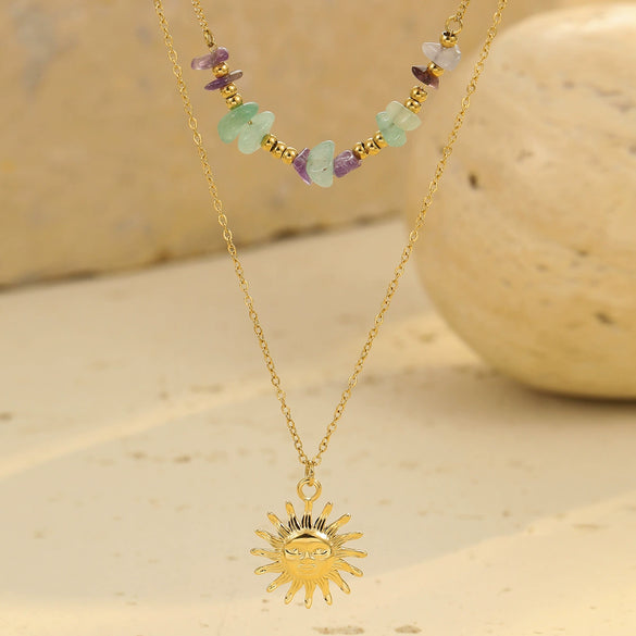 Wholesale Natural Stone Beaded Necklace Stainless Steel Geometric Pendant Electroplated Fashion For Women