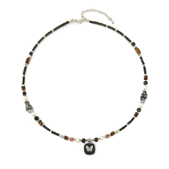 Wholesale Natural Stone Beaded Necklace With Butterfly Pendant Geometric Pattern Handmade