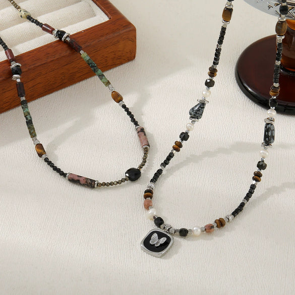 Wholesale Natural Stone Beaded Necklace With Butterfly Pendant Geometric Pattern Handmade