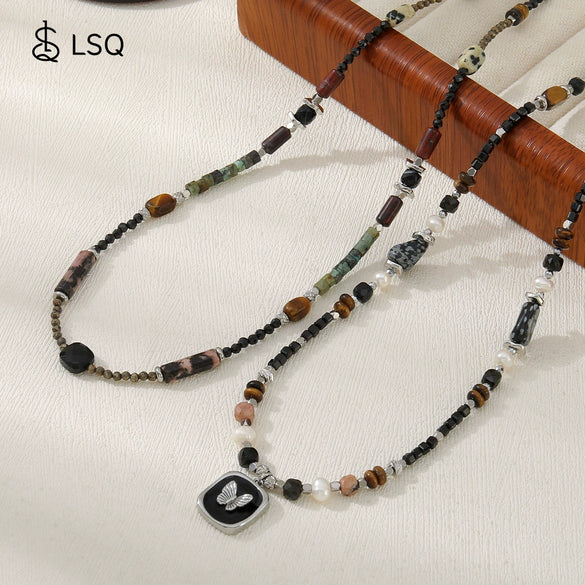 Wholesale Natural Stone Beaded Necklace With Butterfly Pendant Geometric Pattern Handmade