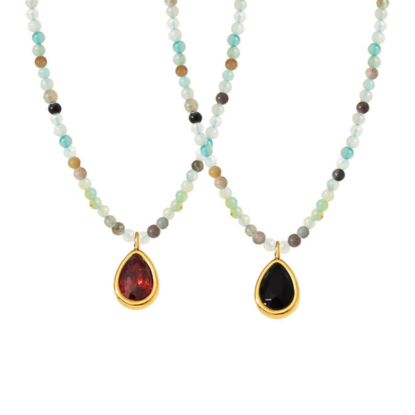 Wholesale Natural Stone Beaded Water Drop Zircon Pendant Necklace In Stainless Steel With Electroplating For Women Light Luxury And Geometric Style