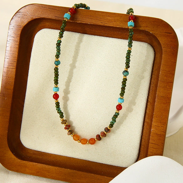 Wholesale Natural Stone Goldplated Geometric Stainless Steel Ball Chain Necklace For Women