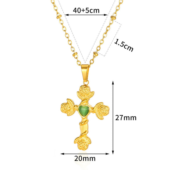 Wholesale Natural Stone Inlaid Stainless Steel Cross Necklace Unisex Electroplated